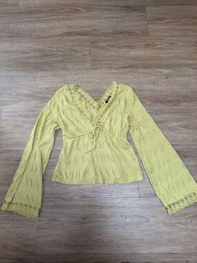 Timing Yellow/green Lace-Trim V-Neck Boho Blouse